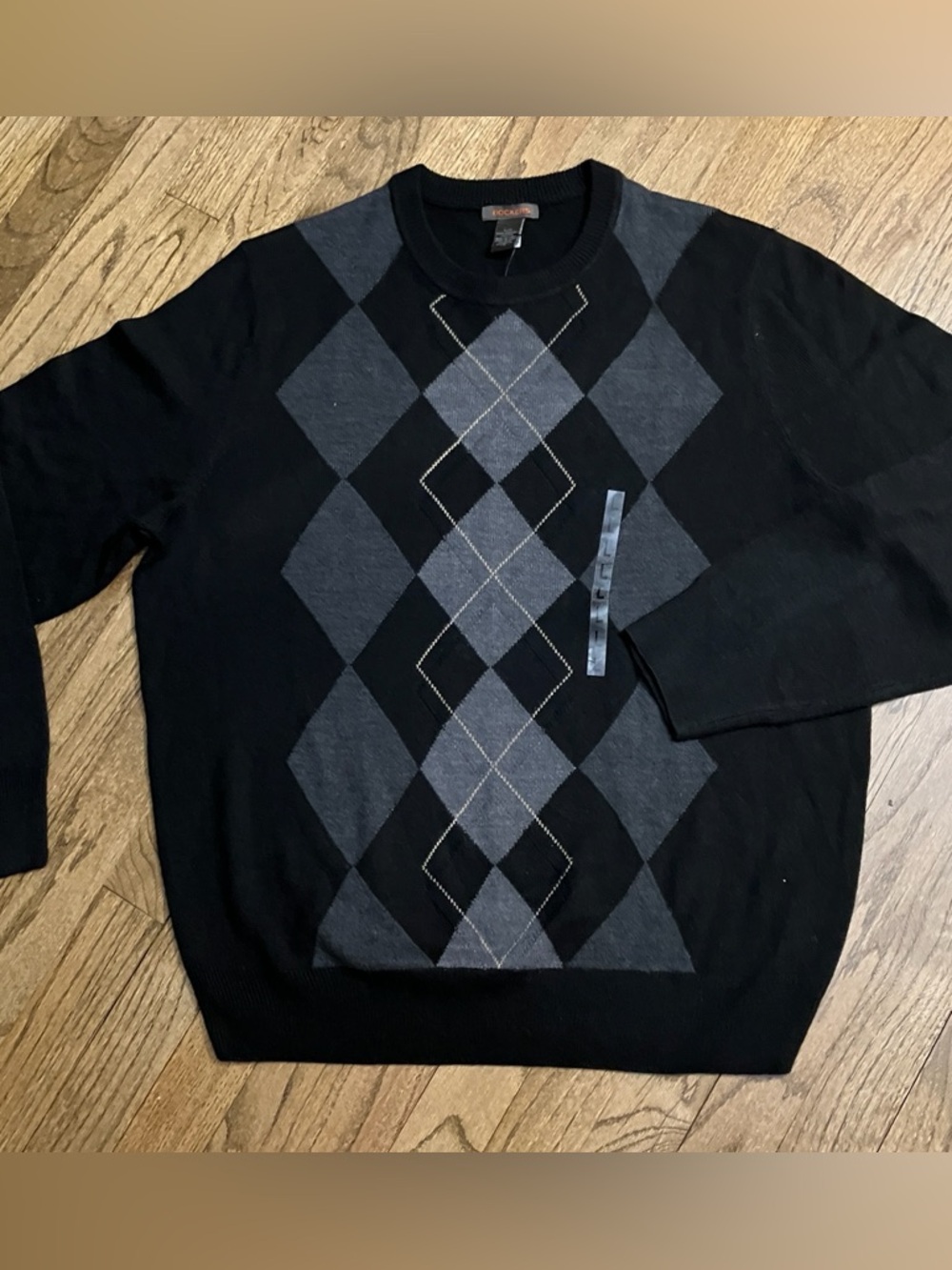 NWT Soft  Fine Gauge  Black/Gray Argyle Crew Neck Large Sweater Dockers Academia